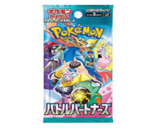 Packaging of Pokemon Scarlet & Violet Battle Partners Booster Pack featuring illustrations of various Pokemon characters.
