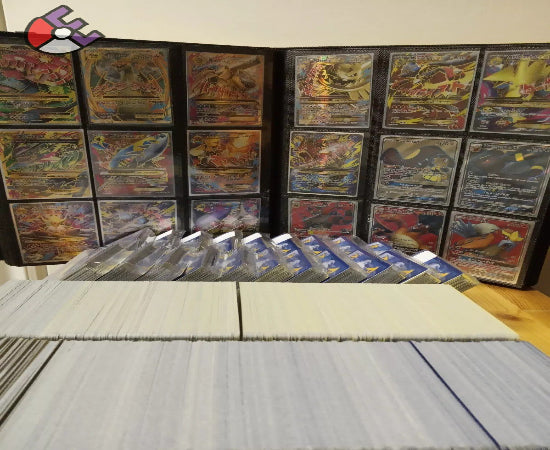 A collection of Pokémon TCG cards displayed in a album, showcasing various illustrations.
