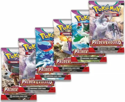 A series of booster packs from the Pokemon TCG: Scarlet & Violet - Paldea Evolved expansion, featuring various Pokémon like Meowscarada, Skeledirge, Quaquaval, Forretress, Slowking, Dedenne, and Pikachu.
